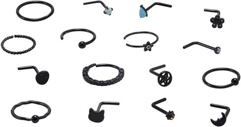 WASOLIE 16 PCS Gold Nose Studs for Women Surgical Steel Nose Piercings Jewelry Screw Men Black Nose Piercing Rings. in Saudi Arabia