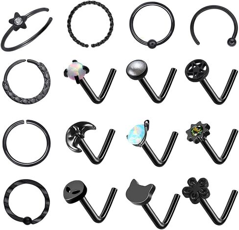 WASOLIE 16 PCS Gold Nose Studs for Women Surgical Steel Nose Piercings Jewelry Screw Men Black Nose Piercing Rings. in Saudi Arabia