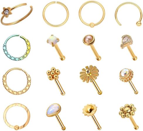 WASOLIE 16 PCS Gold Nose Studs for Women Surgical Steel Nose Piercings Jewelry Screw Men Black Nose Piercing Rings. in Saudi Arabia