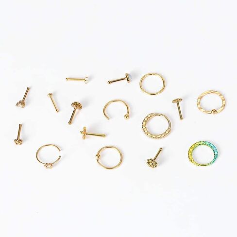 WASOLIE 16 PCS Gold Nose Studs for Women Surgical Steel Nose Piercings Jewelry Screw Men Black Nose Piercing Rings. in Saudi Arabia