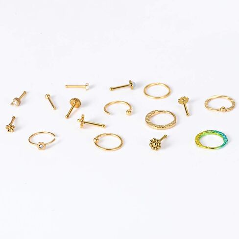 WASOLIE 16 PCS Gold Nose Studs for Women Surgical Steel Nose Piercings Jewelry Screw Men Black Nose Piercing Rings. in Saudi Arabia