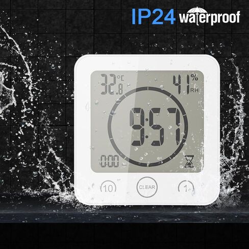 Shower Wall Clock Waterproof Sunsbell Digital Temperature Humidity Display with Suction Cup, Touch Screen Timer for Kitchen Bathroom (White) in Saudi Arabia