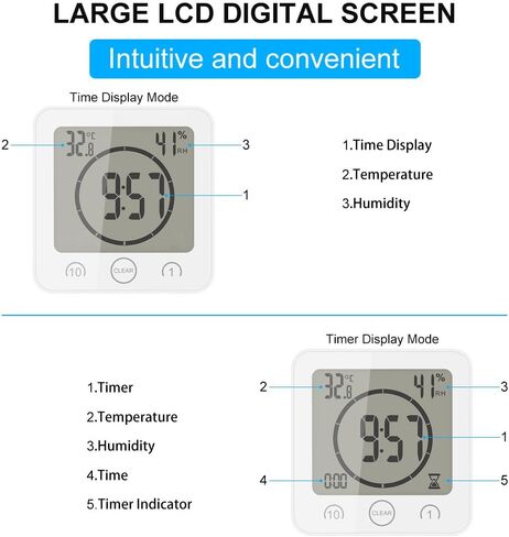 Shower Wall Clock Waterproof Sunsbell Digital Temperature Humidity Display with Suction Cup, Touch Screen Timer for Kitchen Bathroom (White) in Saudi Arabia