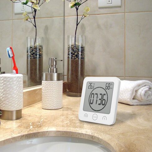 Shower Wall Clock Waterproof Sunsbell Digital Temperature Humidity Display with Suction Cup, Touch Screen Timer for Kitchen Bathroom (White) in Saudi Arabia