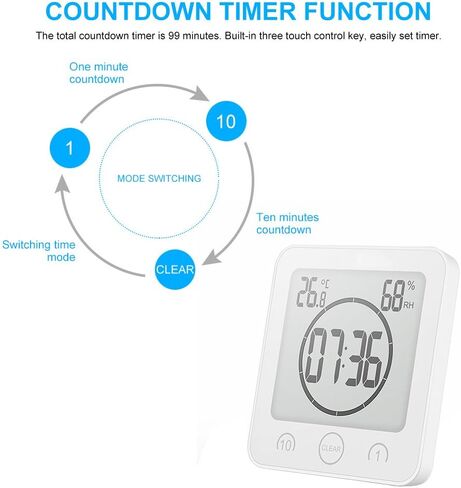 Shower Wall Clock Waterproof Sunsbell Digital Temperature Humidity Display with Suction Cup, Touch Screen Timer for Kitchen Bathroom (White) in Saudi Arabia