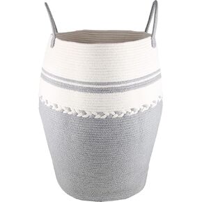 سلة ملابس سلة من الحبال القطنية المنسوجة من حبال الغسيل بارتفاع 64.6 سم و طول 105 لتر، سلال تخزين كبيرة طويلة مع مقابض ممتدة لتخزين الملابس - رمادي فاتح in Kuwait
