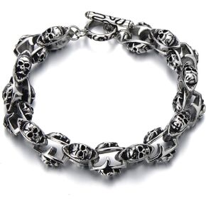 COOLSTEELANDBEYOND New Gothic Biker Skull Link Bracelet for Men Stainless Steel Polished Silver Black Two-Tone in Saudi Arabia