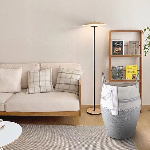 سلة ملابس سلة من الحبال القطنية المنسوجة من حبال الغسيل بارتفاع 64.6 سم و طول 105 لتر، سلال تخزين كبيرة طويلة مع مقابض ممتدة لتخزين الملابس - رمادي فاتح in Kuwait