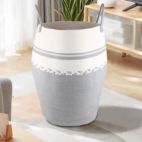 سلة ملابس سلة من الحبال القطنية المنسوجة من حبال الغسيل بارتفاع 64.6 سم و طول 105 لتر، سلال تخزين كبيرة طويلة مع مقابض ممتدة لتخزين الملابس - رمادي فاتح in Kuwait