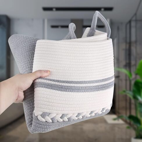 سلة ملابس سلة من الحبال القطنية المنسوجة من حبال الغسيل بارتفاع 64.6 سم و طول 105 لتر، سلال تخزين كبيرة طويلة مع مقابض ممتدة لتخزين الملابس - رمادي فاتح in Kuwait