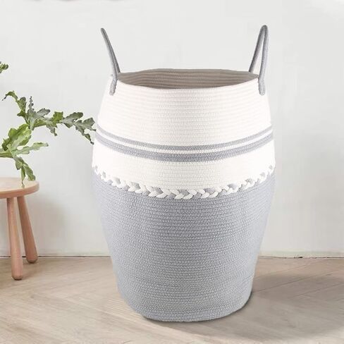 سلة ملابس سلة من الحبال القطنية المنسوجة من حبال الغسيل بارتفاع 64.6 سم و طول 105 لتر، سلال تخزين كبيرة طويلة مع مقابض ممتدة لتخزين الملابس - رمادي فاتح in Kuwait