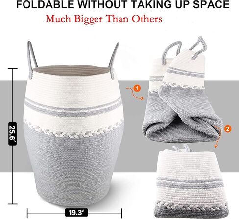 سلة ملابس سلة من الحبال القطنية المنسوجة من حبال الغسيل بارتفاع 64.6 سم و طول 105 لتر، سلال تخزين كبيرة طويلة مع مقابض ممتدة لتخزين الملابس - رمادي فاتح in Kuwait