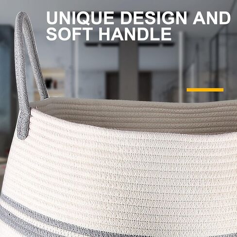 سلة ملابس سلة من الحبال القطنية المنسوجة من حبال الغسيل بارتفاع 64.6 سم و طول 105 لتر، سلال تخزين كبيرة طويلة مع مقابض ممتدة لتخزين الملابس - رمادي فاتح in Kuwait