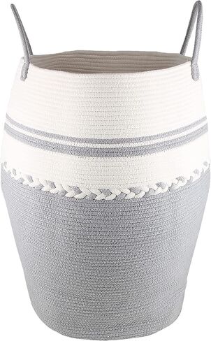 سلة ملابس سلة من الحبال القطنية المنسوجة من حبال الغسيل بارتفاع 64.6 سم و طول 105 لتر، سلال تخزين كبيرة طويلة مع مقابض ممتدة لتخزين الملابس - رمادي فاتح in Kuwait
