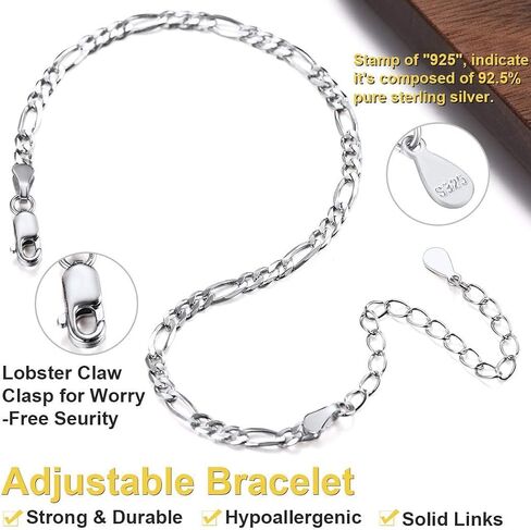 Solid 925 Sterling Silver Italian 5mm Figaro Link Chain Bracelet for Men Women - Made in Italy in Saudi Arabia