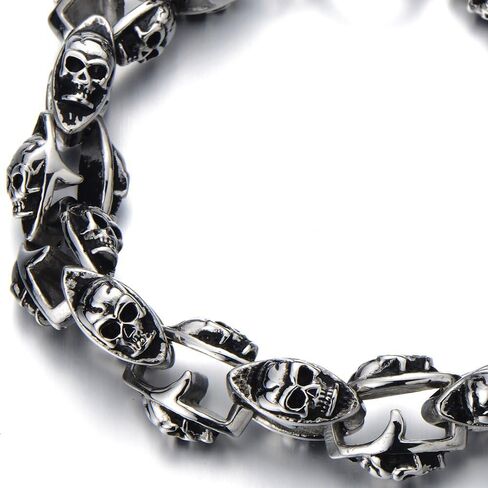 COOLSTEELANDBEYOND New Gothic Biker Skull Link Bracelet for Men Stainless Steel Polished Silver Black Two-Tone in Saudi Arabia