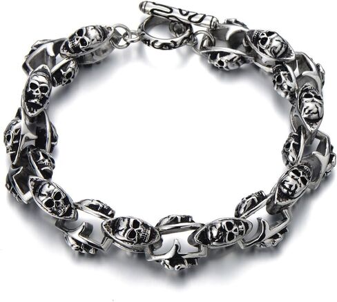 COOLSTEELANDBEYOND New Gothic Biker Skull Link Bracelet for Men Stainless Steel Polished Silver Black Two-Tone in Saudi Arabia