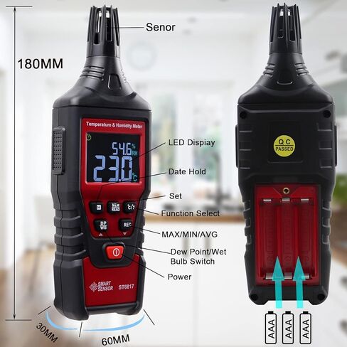 Lunarlipes ST6817 Thermometer Hygrometer, Digital Temperature Humidity Meter, Handheld Thermometer Hygrometer with Ambient, Dew Point, Wet Bulb for Outdoor and Indoor, Max/Min Hold, LCD Backlight in Kuwait