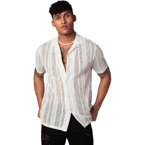 WDIRARA Men's Floral Lace See Through Button Front Short Sleeve Shirt Summer Tee Top in Saudi Arabia