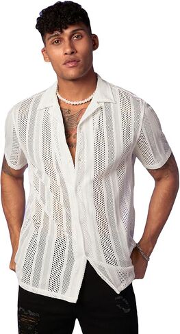 WDIRARA Men's Floral Lace See Through Button Front Short Sleeve Shirt Summer Tee Top in Kuwait