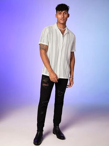 WDIRARA Men's Floral Lace See Through Button Front Short Sleeve Shirt Summer Tee Top in Kuwait