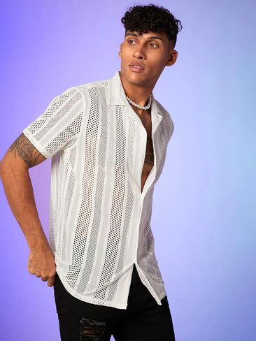 WDIRARA Men's Floral Lace See Through Button Front Short Sleeve Shirt Summer Tee Top in Kuwait