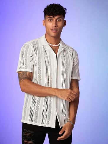 WDIRARA Men's Floral Lace See Through Button Front Short Sleeve Shirt Summer Tee Top in Kuwait