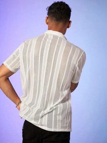 WDIRARA Men's Floral Lace See Through Button Front Short Sleeve Shirt Summer Tee Top in Kuwait