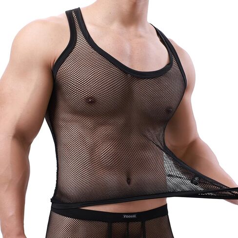 YOOBNG Sexy Men's T-Shirt Mesh Fishnet Sleeveless Undershirt Hollow Out Tank Top in Saudi Arabia