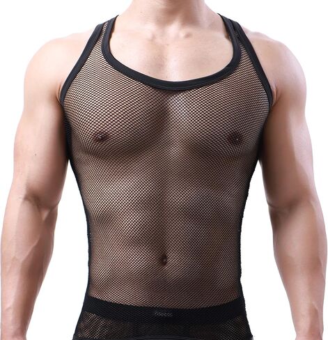YOOBNG Sexy Men's T-Shirt Mesh Fishnet Sleeveless Undershirt Hollow Out Tank Top in Saudi Arabia