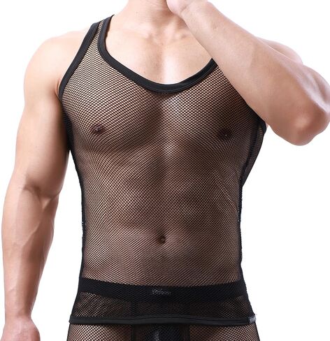 YOOBNG Sexy Men's T-Shirt Mesh Fishnet Sleeveless Undershirt Hollow Out Tank Top in Saudi Arabia