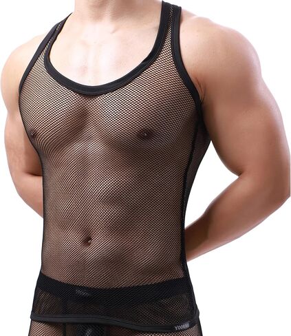 YOOBNG Sexy Men's T-Shirt Mesh Fishnet Sleeveless Undershirt Hollow Out Tank Top in Saudi Arabia