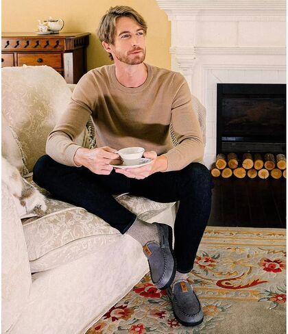 HomeTop Men's Suede Memory Foam Moccasin Slippers Soft Plush Warm Lining House Shoes in Kuwait