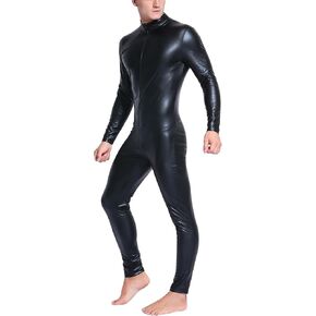 Panegy Men's Faux PU Leather Jumpsuit Shiny Leather Bodysuit Pole Dance Leotard Adult Onesie Singlet in Kuwait