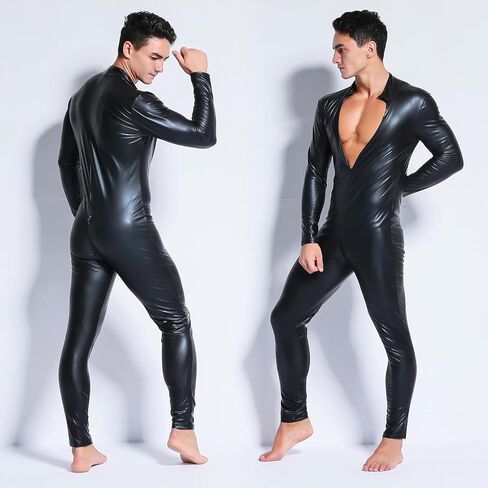 Panegy Men's Faux PU Leather Jumpsuit Shiny Leather Bodysuit Pole Dance Leotard Adult Onesie Singlet in Kuwait