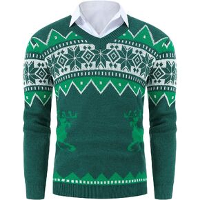 TURETRENDY Men's Christmas Sweaters Holiday Reindeer Snowflakes V Neck Jumpers