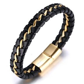 Halukakah ● Solo ● Men's Leather Bracelet 24k Real Gold/Platinum/Rhodium Plated Golden Silver Black Titanium Chain Magnetic Clasp 8.5-9"(21.5-23cm) with Free Giftbox in Saudi Arabia