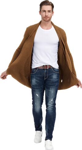 Men's Shawl Collar Open Front Long Cardigan Ribbed Knit Sweater with Pockets in Saudi Arabia