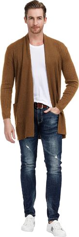 Men's Shawl Collar Open Front Long Cardigan Ribbed Knit Sweater with Pockets in Saudi Arabia