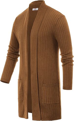 Men's Shawl Collar Open Front Long Cardigan Ribbed Knit Sweater with Pockets in Saudi Arabia