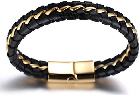 Halukakah ● Solo ● Men's Leather Bracelet 24k Real Gold/Platinum/Rhodium Plated Golden Silver Black Titanium Chain Magnetic Clasp 8.5-9"(21.5-23cm) with Free Giftbox in Saudi Arabia