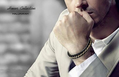 Halukakah ● Solo ● Men's Leather Bracelet 24k Real Gold/Platinum/Rhodium Plated Golden Silver Black Titanium Chain Magnetic Clasp 8.5-9"(21.5-23cm) with Free Giftbox in Saudi Arabia