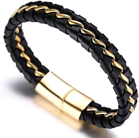 Halukakah ● Solo ● Men's Leather Bracelet 24k Real Gold/Platinum/Rhodium Plated Golden Silver Black Titanium Chain Magnetic Clasp 8.5-9"(21.5-23cm) with Free Giftbox in Saudi Arabia