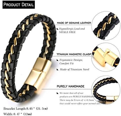 Halukakah ● Solo ● Men's Leather Bracelet 24k Real Gold/Platinum/Rhodium Plated Golden Silver Black Titanium Chain Magnetic Clasp 8.5-9"(21.5-23cm) with Free Giftbox in Saudi Arabia