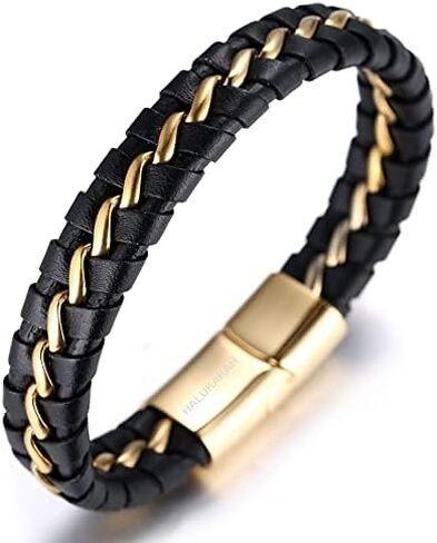 Halukakah ● Solo ● Men's Leather Bracelet 24k Real Gold/Platinum/Rhodium Plated Golden Silver Black Titanium Chain Magnetic Clasp 8.5-9"(21.5-23cm) with Free Giftbox in Saudi Arabia