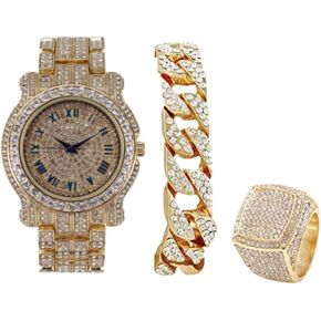 ساعة Bling-ed Out دائرية فاخرة للرجال مع سوار Bling-ed Out الكوبي وخاتم Iced King - L0504 BR مجموعة من 3 قطع in Kuwait