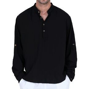 قميص رجالي من القطن والكتان هينلي بأكمام طويلة in Kuwait