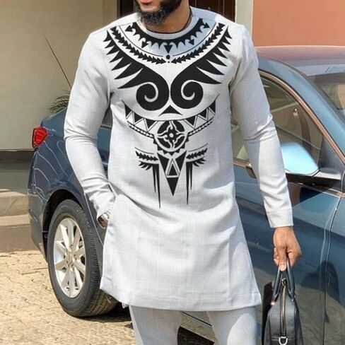 Men's African 2 Piece Set Long Sleeve Outfit Dashiki Suit Shirt and Pant Traditional Ethnic Clothing Tracksuit Attire (Color : Gray, Size : X-Large) in Saudi Arabia