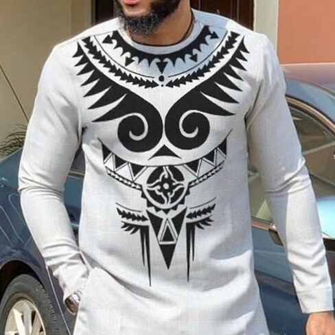 Men's African 2 Piece Set Long Sleeve Outfit Dashiki Suit Shirt and Pant Traditional Ethnic Clothing Tracksuit Attire (Color : Gray, Size : X-Large) in Saudi Arabia