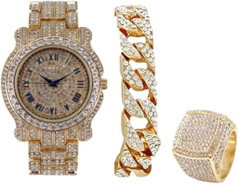 ساعة Bling-ed Out دائرية فاخرة للرجال مع سوار Bling-ed Out الكوبي وخاتم Iced King - L0504 BR مجموعة من 3 قطع in Kuwait
